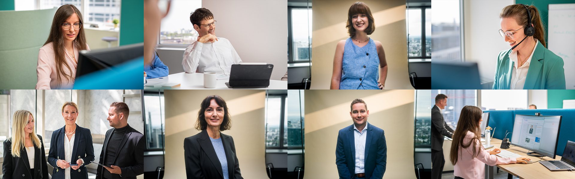 Das Bild zeigt eine Gruppe von Menschen, die in einem Büro arbeiten. Es gibt verschiedene Szenen: Einzelpersonen, die am Computer arbeiten, Gespräche mit Kollegen, und Personen am Telefon mit Headsets. Alle scheinen konzentriert und professionell zu sein, was auf eine Arbeitsumgebung im Geschäftsbereich hindeutet.
