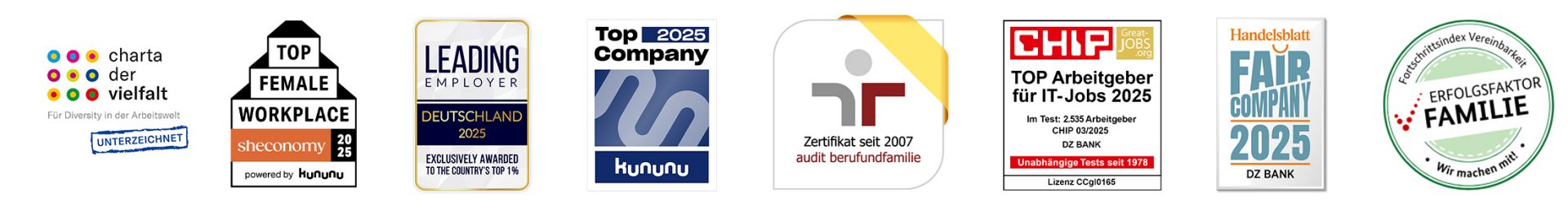 Das Bild stellt verschiedene Auszeichnungen und Abzeichen dar, die eine Organisation oder ein Unternehmen erhalten hat. Jedes Icon repräsentiert unterschiedliche Bewertungen, Zertifikate oder Anerkennungen in verschiedenen Kategorien wie Arbeitsumfeld, Geschäftspraktiken, Technologieleistung oder Kundenzufriedenheit. Hier sind einige spezifische Details:
1. **Farbige Quadrate mit Text:** Möglicherweise bezieht sich dies auf die Vielfalt und Integration innerhalb der Organisation.
2. **Top-Arbeitgeber:** Eine Auszeichnung als erstklassiger Arbeitgeber, der gutes Arbeitsumfeld bietet.
3. **Leading Company Badge:** Kennzeichnet das Unternehmen als führend oder innovativ in seiner Branche.
4. **ABCD Zertifikat:** Könnte eine spezielle Technologieauszeichnung oder ein Qualitätskennzeichen sein.
5. **TECH AWARD:** Prämiert herausragende Leistungen in der Technologie.
6. **CHIP Zertifikat:** Bewertet die technische Exzellenz, oft verwendet in Elektronik und IT.
7. **FAIR COMPANY 2025:** Auszeichnung für faire Marktpraktiken und Unternehmensführung.
8. **Familienfreundlichkeit:** Ein Abzeichen, das ein familienfreundliches Arbeitsumfeld anerkennt.
Diese Symbole sind oft verwendet in Unternehmenskommunikation und Branding, um das Prestige und den Ruf einer Organisation zu unterstreichen.