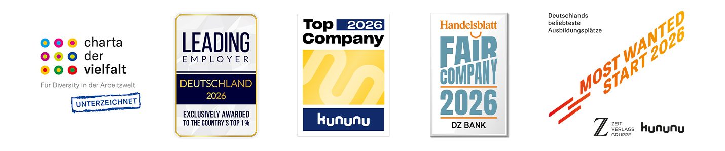Das Bild zeigt verschiedene Zertifikate und Auszeichnungen. Dazu gehören:

1. "Charta der Vielfalt" - Eine Initiative für Diversity im Unternehmen.
2. "LEADING EMPLOYERS 2024" - Eine Auszeichnung als führender Arbeitgeber.
3. "Top COMPANY" - Ein Siegel von kununu für Top-Arbeitgeber.
4. "FAIR COMPANY 2026" - Ein Zertifikat für faire Arbeitsbedingungen.
5. "MOST WANTED STARTUP" - Eine Auszeichnung des Zeit Verlags für Startups.