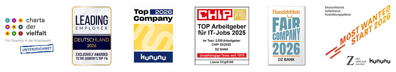 Das Bild zeigt verschiedene Auszeichnungen und Logos. Hier sind einige Details:

1. **charts.dev.wallet** - Eine Auszeichnung für die besten Wallets.
2. **LEADING EMPLOYERS 2024** - Auszeichnung als führender Arbeitgeber.
3. **Top Company 2024** - Eine Auszeichnung als Top-Unternehmen.
4. **CHIP TOP ARBEITGEBER HR-IT JOBS 2024** - Eine Auszeichnung in der Kategorie HR-IT Jobs.
5. **Fair Company 2025** - Eine Auszeichnung für Fairness. 
6. **Most Wanted Award** - Eine Auszeichnung als begehrtes Unternehmen oder Produkt.
7. **Nachhaltiger Arbeitgeber** - Zertifikat für nachhaltigen Arbeitgeber.