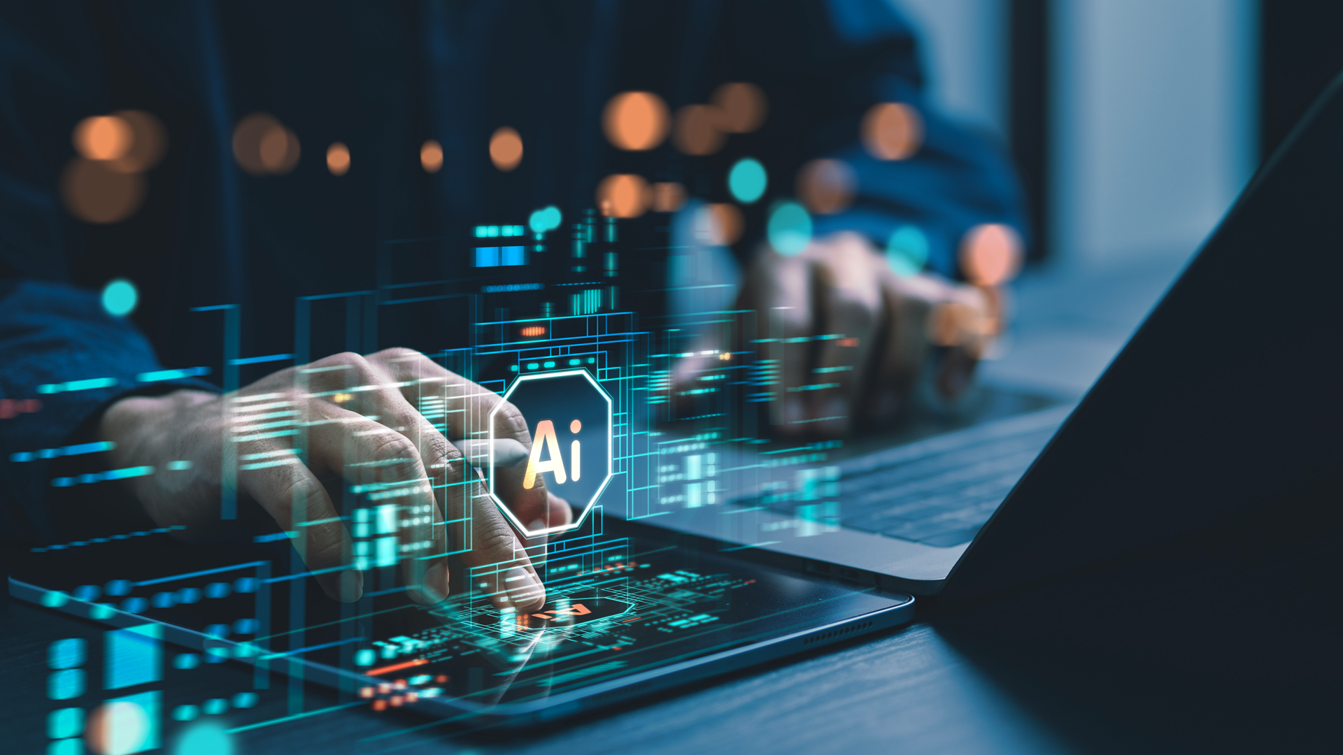 Das Bild stellt eine Person dar, die an einem Computer arbeitet, in einem technisierten, modernen Umfeld. Die Hände der Person sind auf einer Tastatur in einer Umgebung aus hellen Neonfarben und digital anmutenden Grafiken zu erkennen. Einige dieser Grafiken beinhalten den Schriftzug „AI“, was auf das Arbeiten mit Künstlicher Intelligenz (AI steht für Artificial Intelligence) hinweist. Die Bildgestaltung vermittelt ein Gefühl von Innovation und High-Tech und kann darauf hindeuten, dass hier digitale oder technische Prozesse eine zentrale Rolle spielen, möglicherweise im Bereich der Softwareentwicklung, Datenanalyse oder maschinellen Lernverfahren.