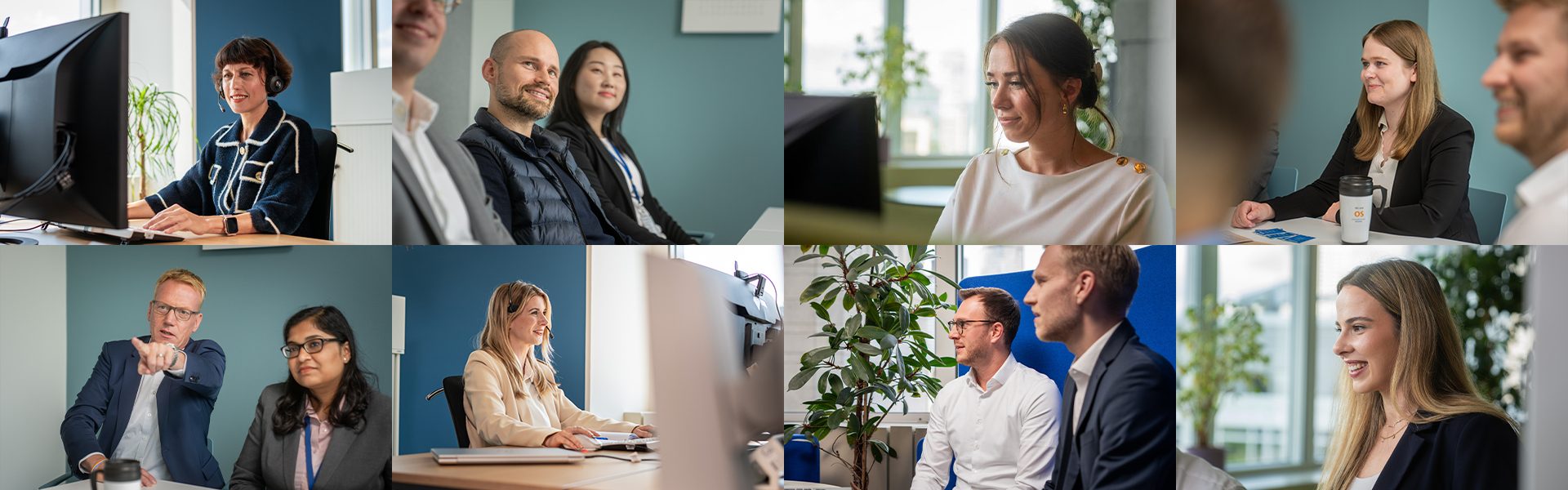 Das Bild zeigt mehrere Menschen in einem Büro- oder Arbeitsumfeld. Einige arbeiten an Computern, während andere in Gespräche verwickelt sind oder in Gruppen arbeiten. Die Personen befinden sich in einem modernen, professionellen Umfeld mit Pflanzen und Fenstern im Hintergrund. Es vermittelt eine Atmosphäre von Teamarbeit und Produktivität.