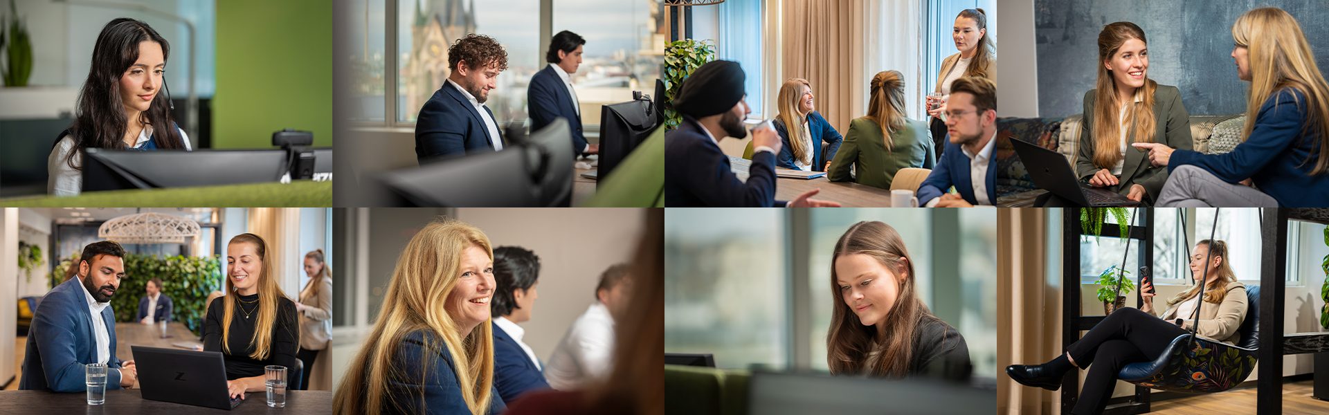 Das Bild zeigt mehrere Szenen in einem Büro oder einer geschäftlichen Umgebung. Es sind Menschen zu sehen, die miteinander interagieren, möglicherweise bei Meetings oder Gesprächen. Einige schauen auf Computerbildschirme, während andere sich unterhalten. Es gibt eine Atmosphäre von Zusammenarbeit und Professionalität.